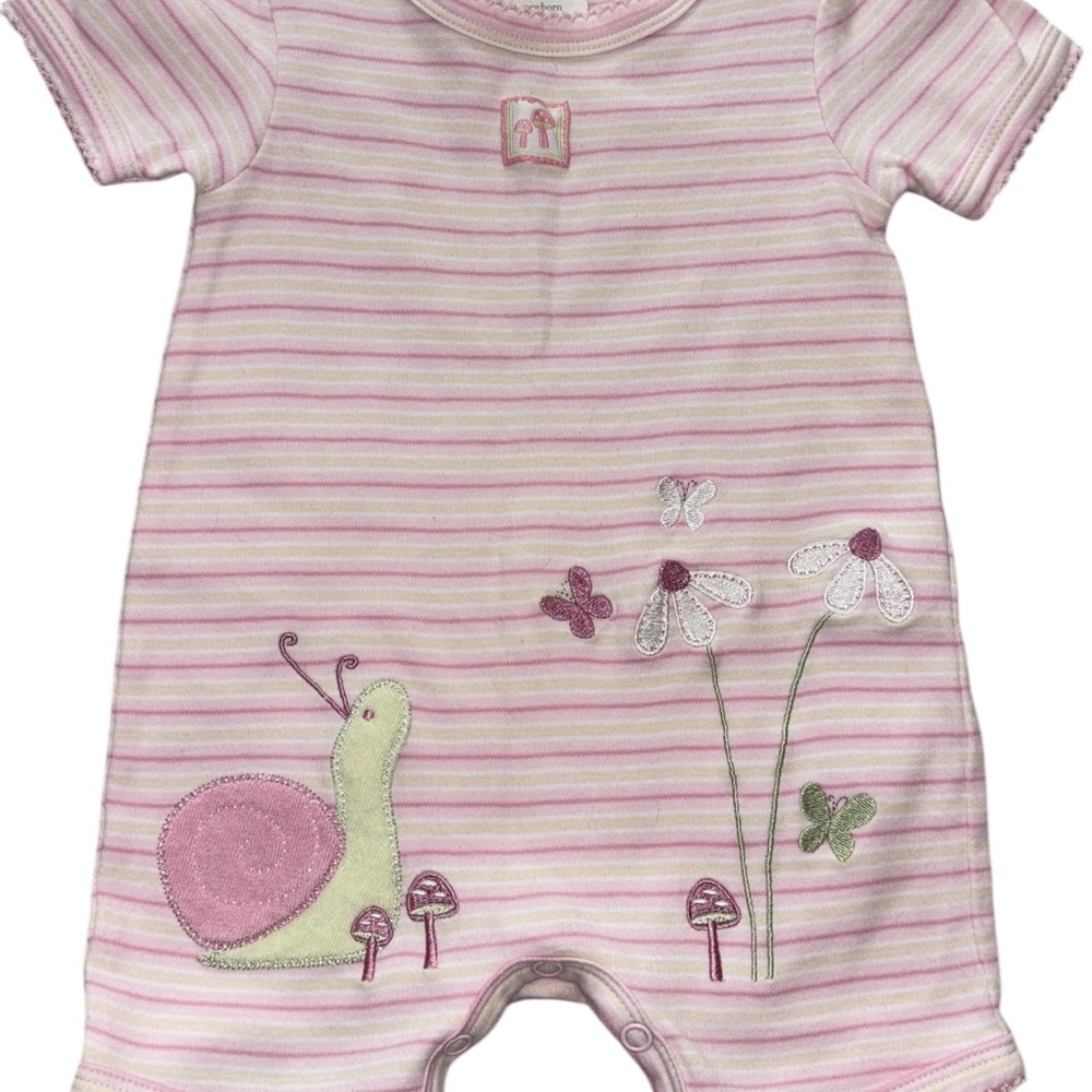 Pink Striped Baby Romper with Snail and Flower Design